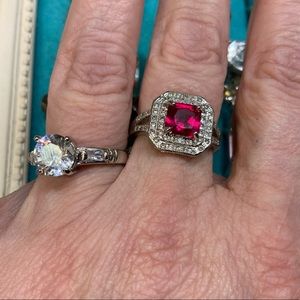 Vintage Sterling Silver Ring with large Princess Cut Red Diamond
